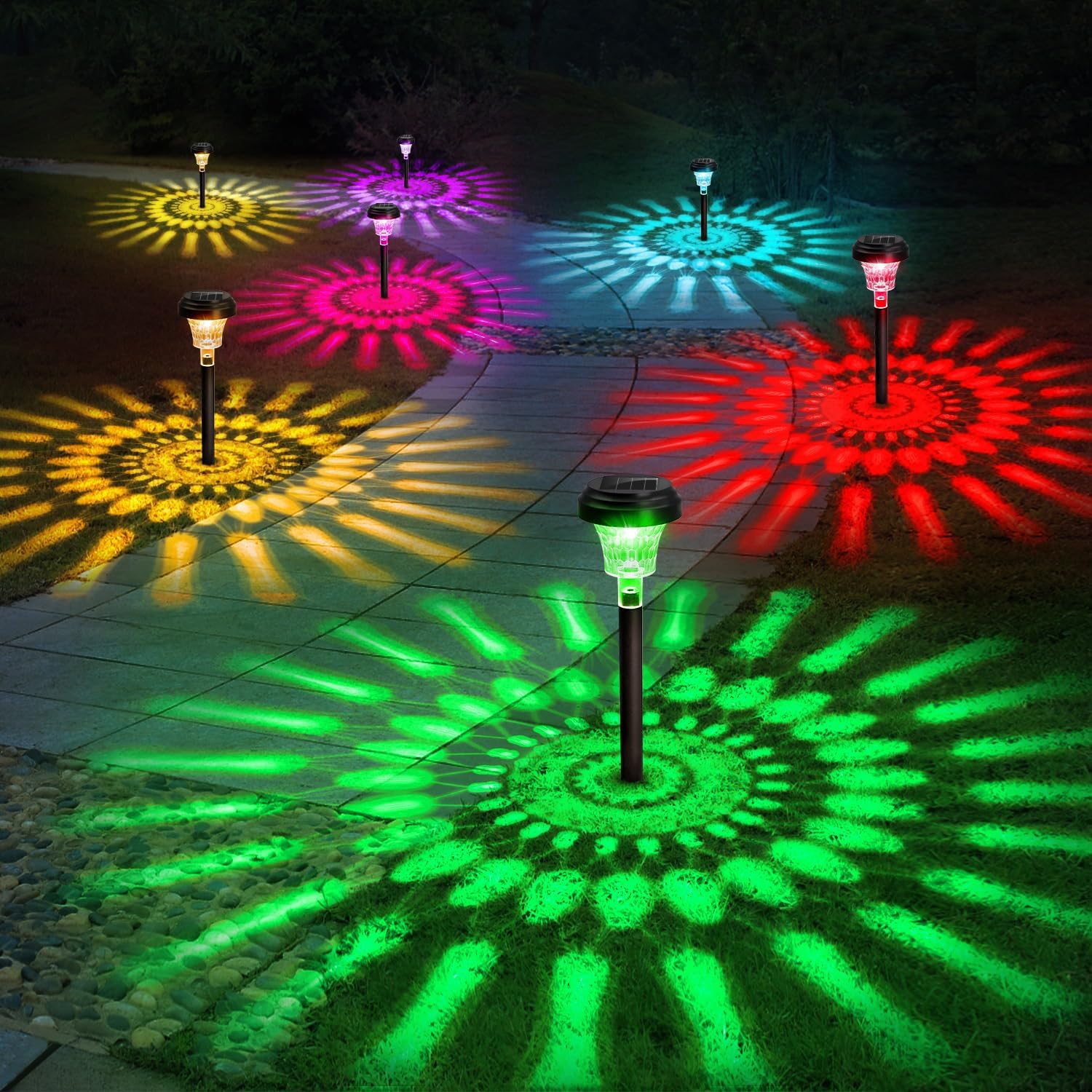 Outdoor Power Outlet Solar - ไฟทางเดินพลังงานแสงอาทิตย์โคมไฟลานพลังงานแสงอาทิตย์กลางแจ้งเปลี่ยนสี RGB/วอร์มไวท์ IP67 กันน้ํา LED ไฟพลังงานแสงอาทิตย์สําหรับเส้นทางสวน